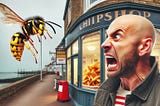 An angry wasp hovering outside a chip shop in a typical seaside town in the UK