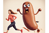 Cartoon image of woman running away from a hotdog sausage.