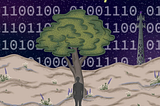 The Null/Void cover art: a dark silhouette stands beneath a tree in the middle of a desert. In the distance, a radio tower beams out to the world, whilst a pattern of zeroes and ones blankets the night sky.