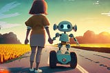 Cartoon style wide angle backside full body shot of a human child holding hands with a small cute little robot, both are driving towards sunset on a road with rice fields on both sides, Pixar style, 32k