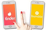 A hand is shown swiping on two smartphones: the left displays the Tinder app with its signature flame logo on a red background, and the right shows the Bumble app with a honeycomb logo on a yellow background.