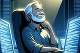 A cartoon of an older man in his office, leaning back with a pleased expression as he enjoys the glow from three computer screens displaying code.