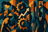 Cubist-style digital illustration of a modern industrial cityscape. On the left, a worker in a hard hat wields a tool; on the right, a suited business figure stands facing him. Between them, large interlocking gears and an upward white arrow symbolize progress and collaboration. Geometric buildings, factories, and abstract shapes in deep teal, amber, and ochre tones fill the background, representing the fusion of innovation, labor, and economic growth.