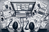 Dois designers vistos de cima em uma mesa cheia de drafts, com um computador trabalhando em alguns elementos que compõem um Design System