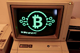 Washed-out picture of an old Apple computer showing the Bitcoin logo.