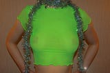 Green sheer top with square nipple covers and Christmas sparkle.