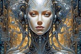 Artificial Intelligence  takeover, a human/bot combination done in machine-type art paired with a woman’s face.