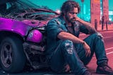 AI-generated image of a man sitting near the bonnet of his trashed purplecar thinking deeply