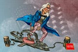 Uncle Sam in a leg-hold trap. The trap is staked to a log, against which rests a sign bearing the MAKE AMERICA GREAT AGAIN wordmark. In the background is a halftoned image of a waving US flag amidst the clouds.