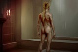 naked muscular woman from the back, gazing out a large window in a fantasy scene