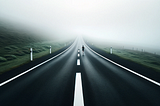 A straight black asphalt road with white dividers stretches into foggy infinity, flanked by green grass. A jogger runs away from the camera, moving along the road into the fog.