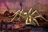 A giant arachnoid woman arched backwards on the banks of a tropical river alongside which stand armed men. Behind loom palms, mountains and a smoking volcano. Rain sleets down over the scene.