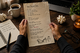 Warm cinematic workspace featuring a handwritten letter to a future self, coffee, notebook, and quiet reflections on procrastination and starting again.