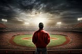 Young man standing, looking at fog-swirled baseball stadium.