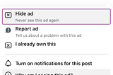 Drop down menu of clicking on a sponsored Facebook post in order to hide or report the ad.