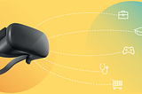 An artist visualization of the metaverse portraying a VR headset (image from Freepik.com) along with icons representing business, education, gaming, healthcare, and retail.