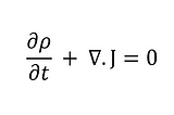 Partial time derivative of charge density plus the divergence of current density equals zero.