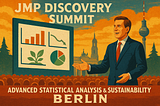 Man speaks before an audience. The screen on the left shows analytical tools, graphs, and a plant. On the backround is the skyline of Berlin.