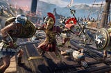 Assassin’s Creed Odyssey combat — warriors clash on a ship deck