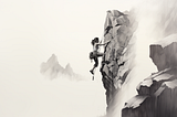 a minimalistic pencil shaded drawing of a 30 year old woman rock climbing. black, white, and grey color pallet. — ar 16:9