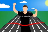 A runner with T-Shirt “j.u.Base64” crosses the finish line