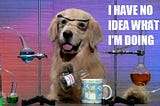 A picture of a dog pouring a chemical into coffee mug. The dog does not appear to be well-versed in the intricacies of molecular science however, despite wearing appropriate eye protection.