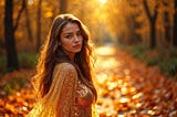 A woman in an autumnal forest.