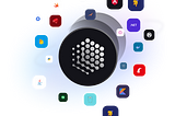 The image features a large central circle that appears to be the logo of StackSpot, marked by a series of smaller circles grouped in a circular pattern on a black background. Surrounding this central circle is a luminous blue orbit with various icons floating within it, each representing different technologies and programming languages such as Java, Git, Docker, Kubernetes, Angular, .NET, and others.