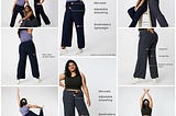 My first photoshoot with Bliss Club, which shows up in their catalog for Moving All Day (MAD) Pants, Size XL-una and Colors: Devika Dark Navy & Gowri Grey. The first two pictures are of me with other models, women who move. The middle pictures are the front view of me showing the fit of the MAD pants. The side pictures show the back view of the MAD pants. And the last two pictures in the bottom row show how easy it is to move in them into Dancer’s and Goddess Poses.