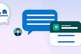 Decorative header image that includes two illustrations of speech bubbles, one representing a person and the other representing a chatbot.
