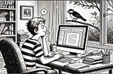 a black-and-white drawing of a boy distracted by a bird and no longer working