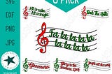 Christmas Carol SVG Bundle, layered SVG files for Cricut, sheet music with lyrics and treble clef in red and green, staff lines notes cute
