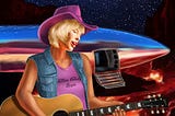Woman singing, playing guitar, standing in front of her spaceship on a starry night. She’s wearing a pink “cowgirl” hat.