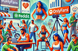 An illustration of a diverse group of OnlyFans creators engaging with their fans through various digital platforms such as social media and Reddit. The creators represent different interests such as fitness, cooking, and art. The background includes elements like smartphones, hashtags, and community discussions symbolizing social media and Reddit. The scene is vibrant and modern, with the title text ‘Discovering Top OnlyFans Creators: Your Ultimate Guide’ at the top of the image.