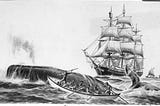 A whaling boat is dwarfed by the enormous whale in the foreground, men in a small boat. There is a schooner in the background