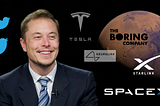 Elon Musk is in front of Mars, surrounded by Twitter birds, as well as the Tesla, SpaceX, and other business icons of his.