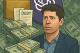 IMAGE: A caricature of Sam Altman surrounded by stacks of dollar bills, debt papers, and a golden briefcase, with the OpenAI logo looming behind — symbolizing wealth, power, and mounting financial pressure