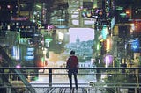 Man looks at futuristic city, photo from Deposit