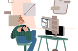 Illustration of a woman seating in her desk with her phone, computer and dog learning and checking accessibility in her design process. Illustration by Irene Falgueras.