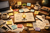 A warm, sunlit writer’s desk filled with creative materials, with an open notebook at the center showing a glowing lightbulb sketch labeled “IDEAS,” surrounded by arrows pointing to words like “Inspiration,” “Research,” and “Storytelling.” Sticky notes, coffee cups, books, and scattered papers create a lively brainstorming atmosphere, symbolizing imagination and the process of developing new writing ideas.