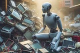 A robot waking up in an area full of old electronics, he’s the only one aware of them and he’s unsure of the meaning of all this