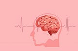 Ilustração de um perfil humano, onde o cérebro é o destaque. Dele, uma linha faz alusão à frequência cardíaca.