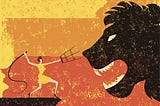 Illustration of a woman with a stool and a training whip, battling a large lion