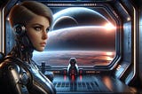 A female cyborg gazes out at the planet Mars through a spaceship’s view-port