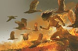 Woman and birds escaping a forest fire. Human created art, no AI