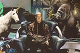 Gold skinned man sitting on SF throne with a unicorn over left shoulder, a gorilla over right and several cats. Source: https://amazingstories.com/2013/10/bad-science-fiction-fantasy-art/