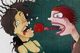 This is an illustration that is using a visual metaphor to visually represent verbal abuse. One person is speaking to another person. The person on the right has a punching glove coming out of their mouth and hitting the mouth of the person in front of them. The person receiving the punch has been hit by the punching glove coming out of the other person’s mouth and some of their teeth are flying in the air.