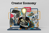 An illustration titled “Creator Economy” showing a content creator with a light bulb for a head, surrounded by money, emerging from a laptop. Icons of content creation such as the YouTube logo, a blog, and music notes are also emerging, symbolizing the financial opportunities in the creator economy