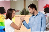 Church couple argues. Behind them Hippie and MAGA Jesus argue as well.