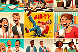 A mix of folks sharing laughs in various places like work, a movie night, laughter yoga, or over a coffee spill.